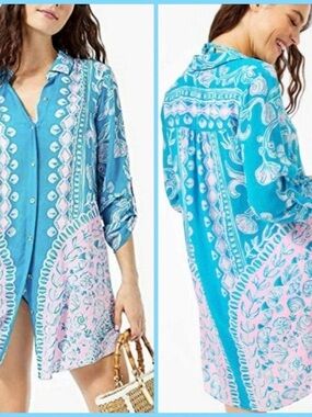 Lilly Pulitzer Women's Natalie Coverup Shirtdress Turquoise Teal RRP $ 138 M